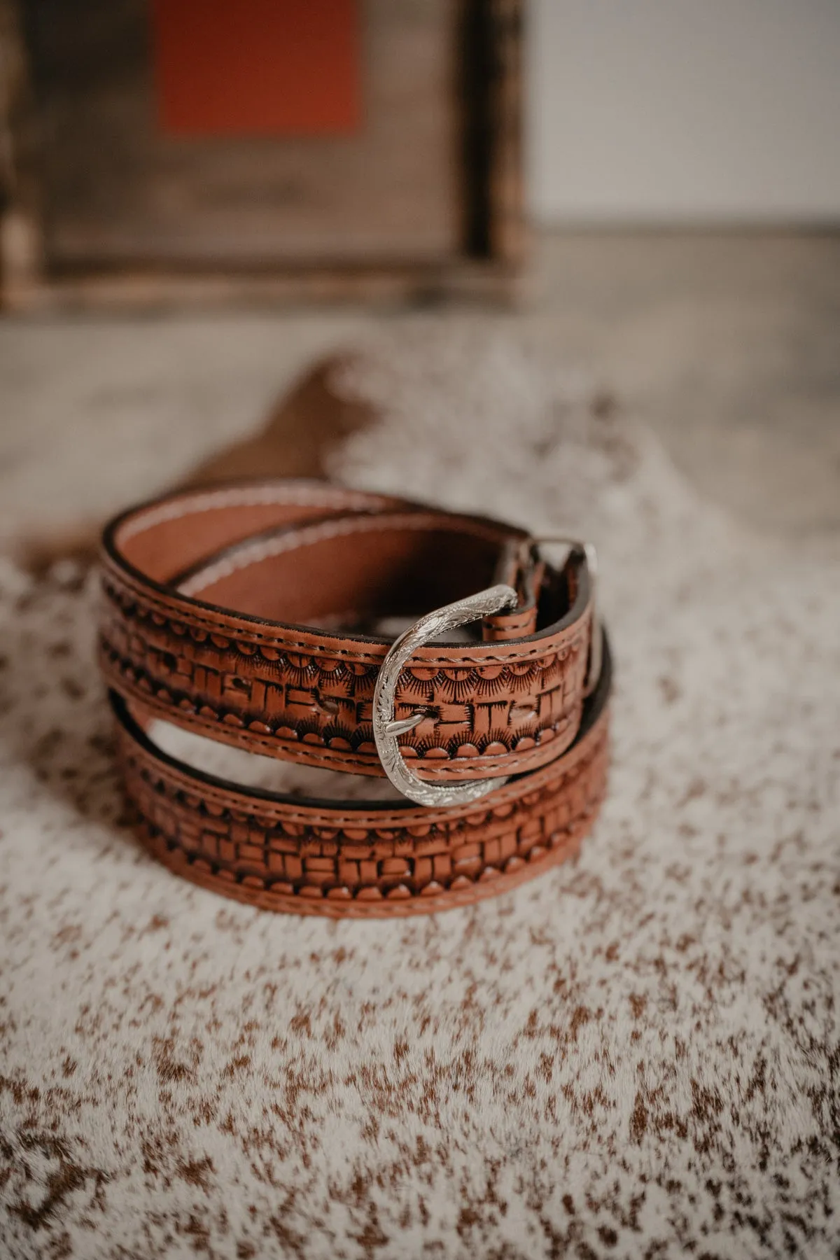 Box Basketweave Tooled Chestnut Leather Belt by Double J Saddlery (1 1/2