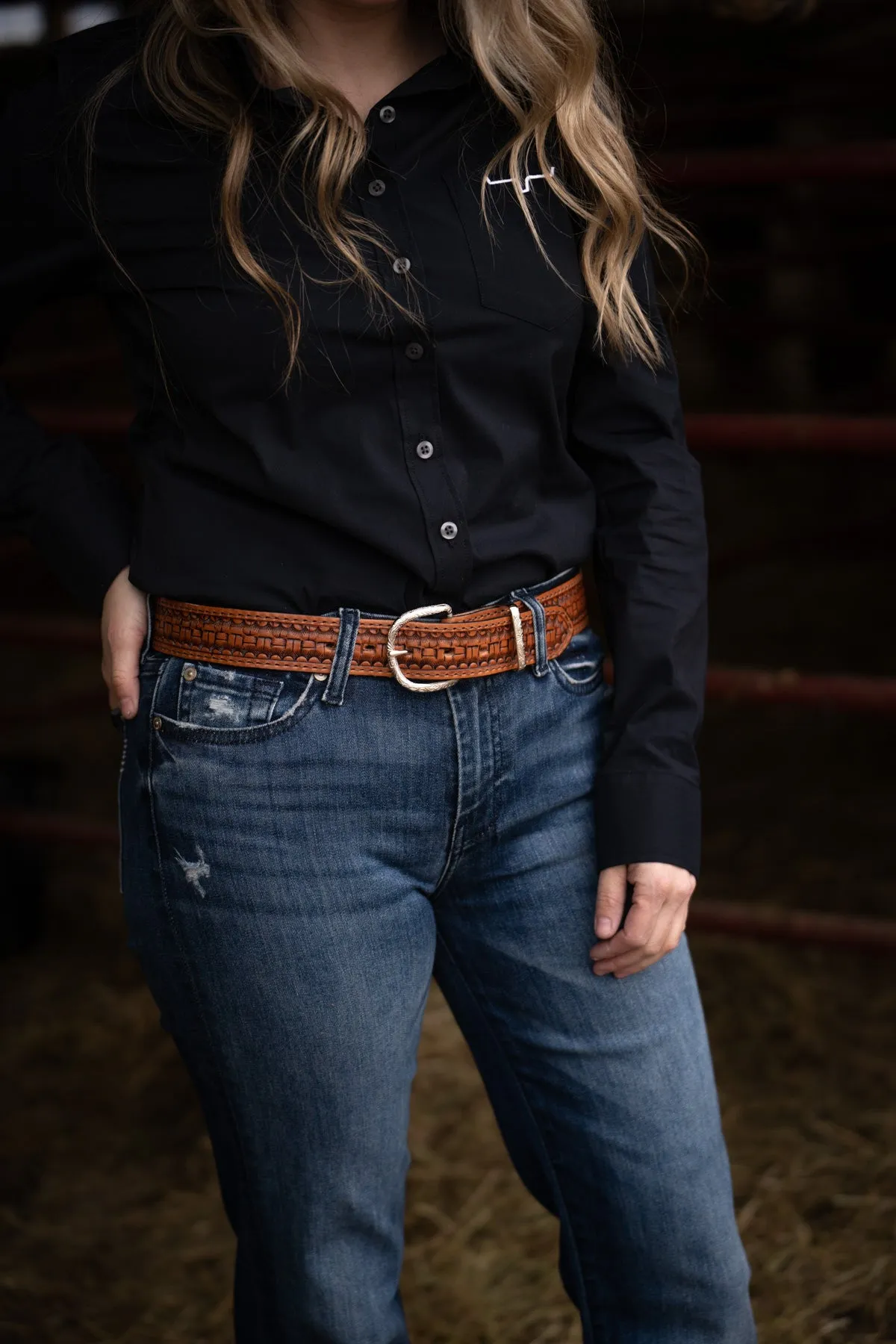 Box Basketweave Tooled Chestnut Leather Belt by Double J Saddlery (1 1/2