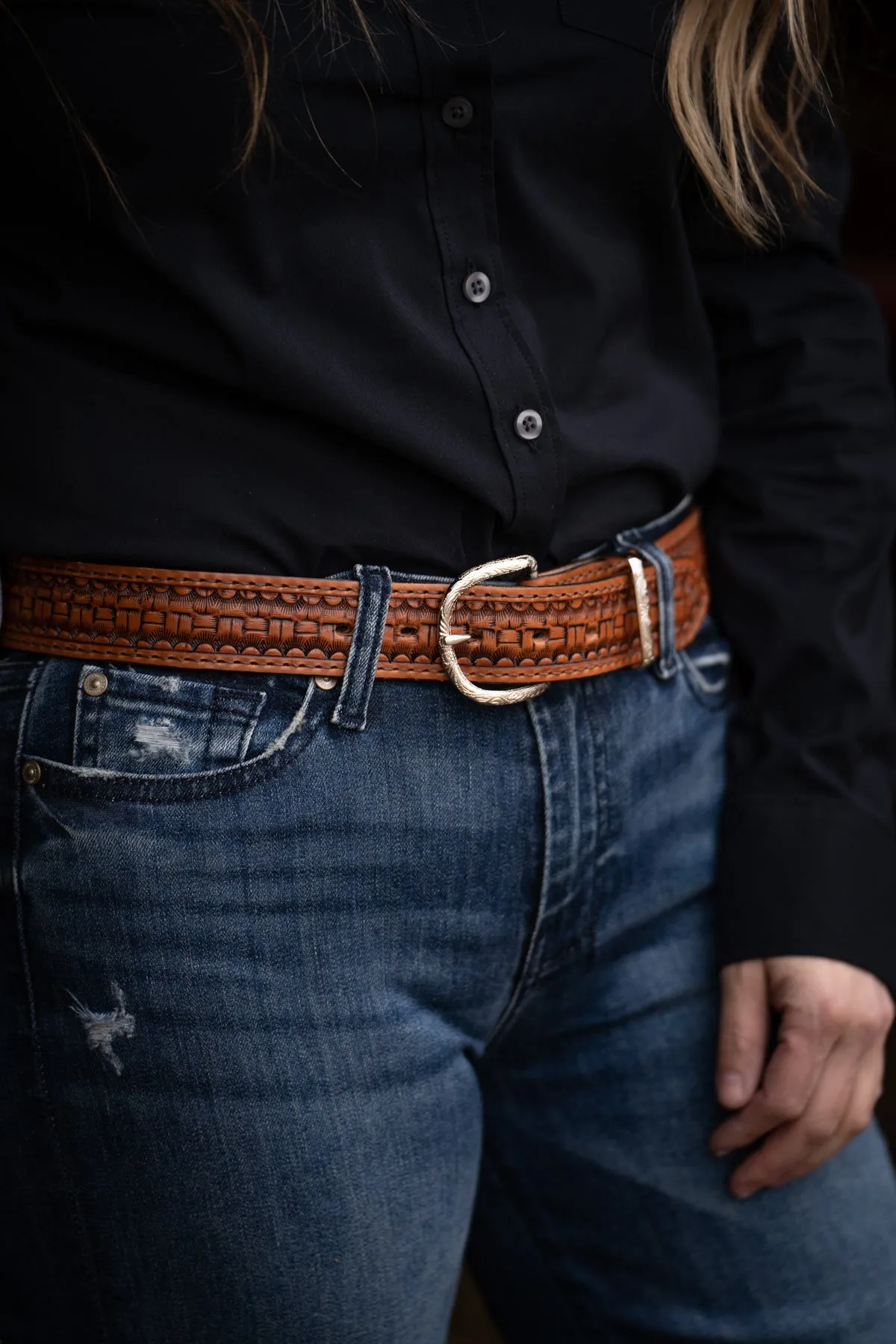 Box Basketweave Tooled Chestnut Leather Belt by Double J Saddlery (1 1/2