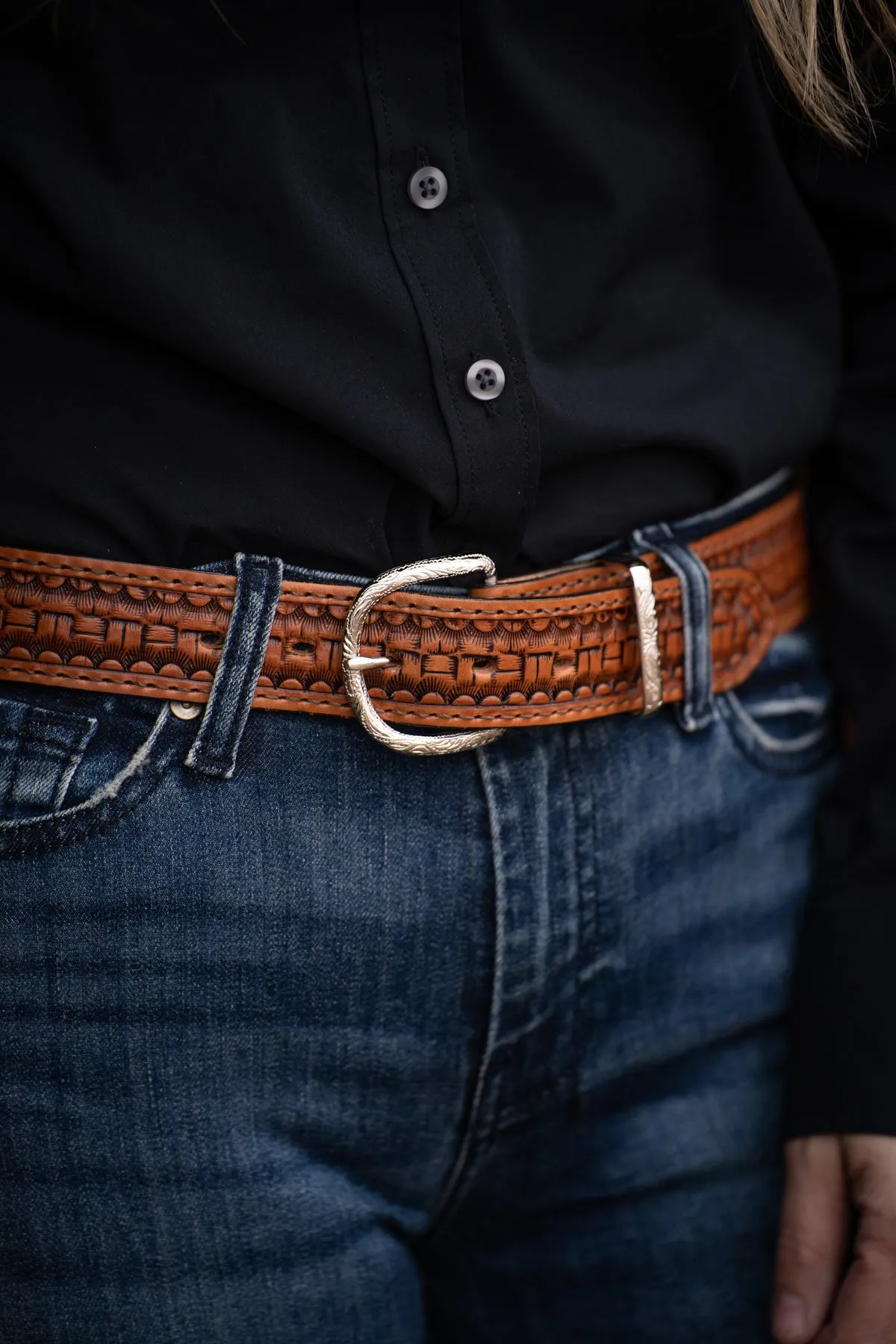 Box Basketweave Tooled Chestnut Leather Belt by Double J Saddlery (1 1/2