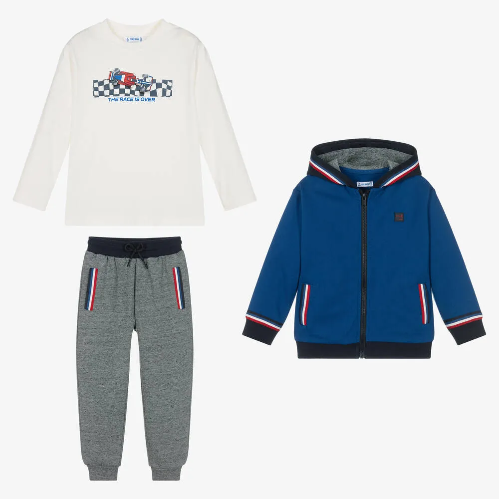 Boys Blue & Grey Cotton Tracksuit Set