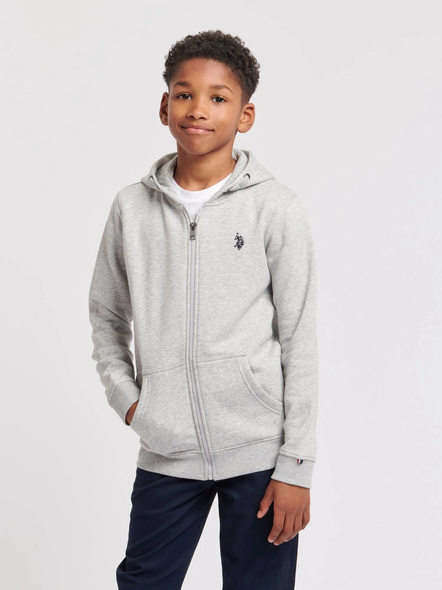 Boys Double Horsemen Zip Hoodie in Mid Grey Marl