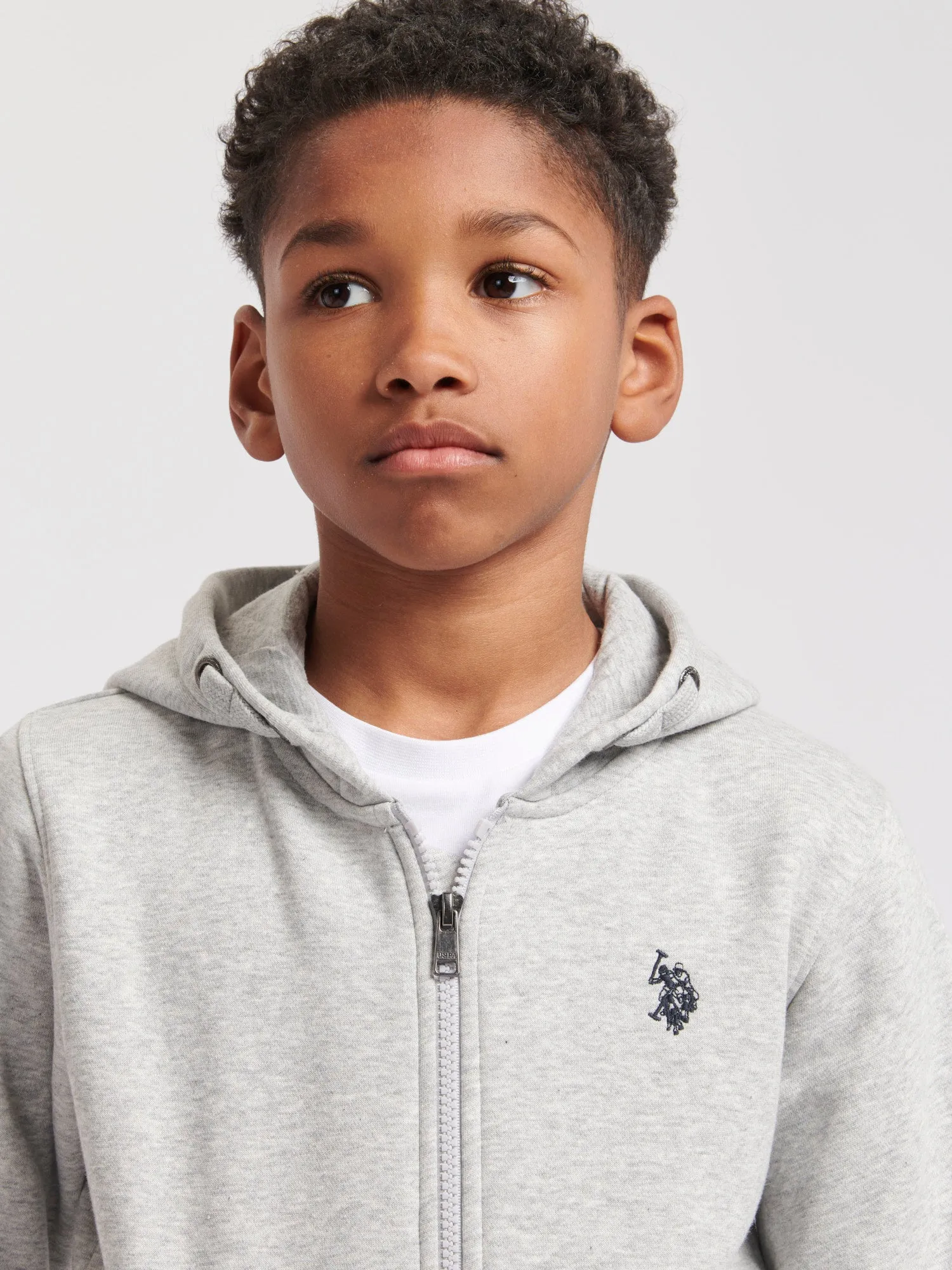 Boys Double Horsemen Zip Hoodie in Mid Grey Marl