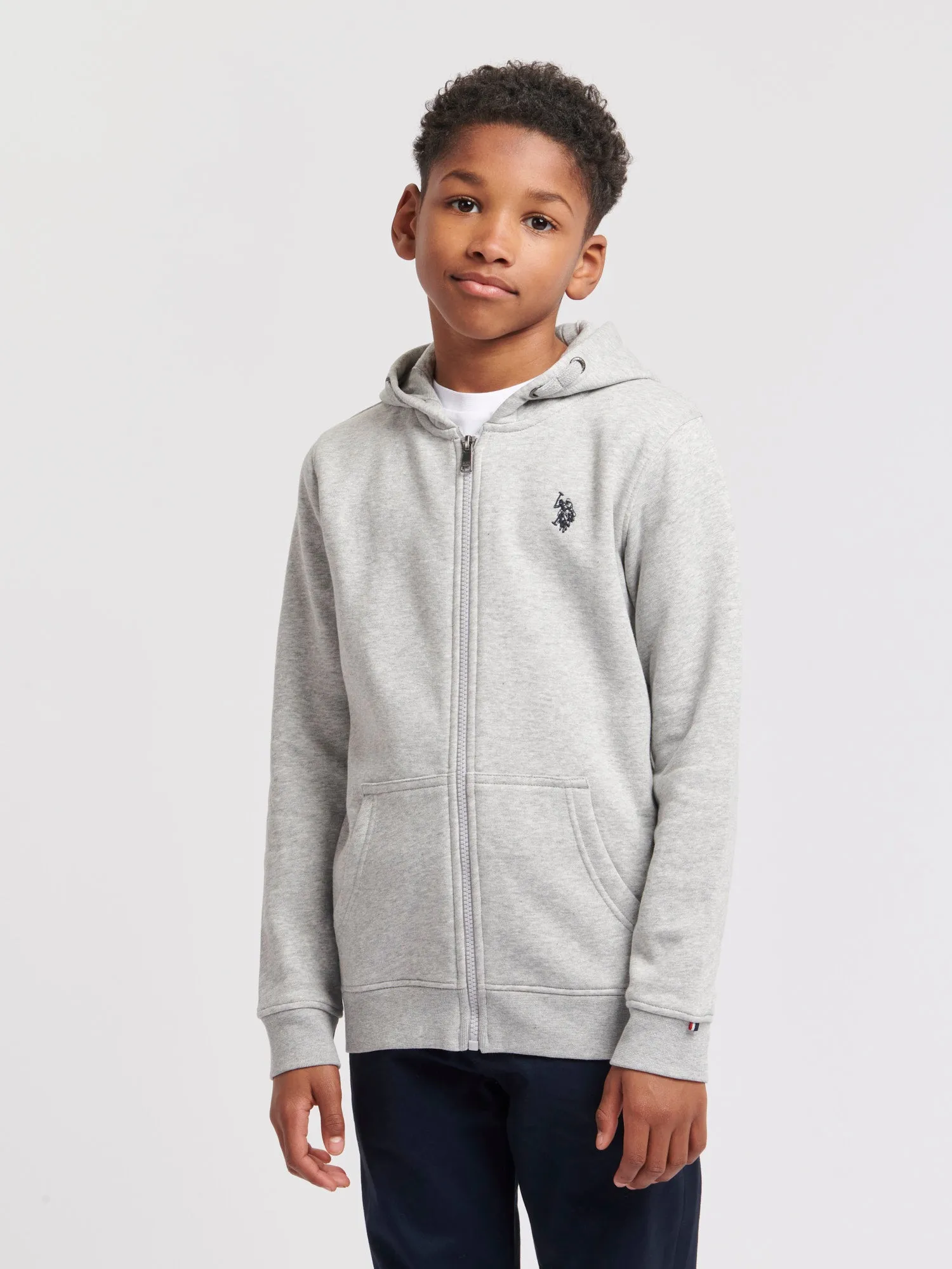 Boys Double Horsemen Zip Hoodie in Mid Grey Marl