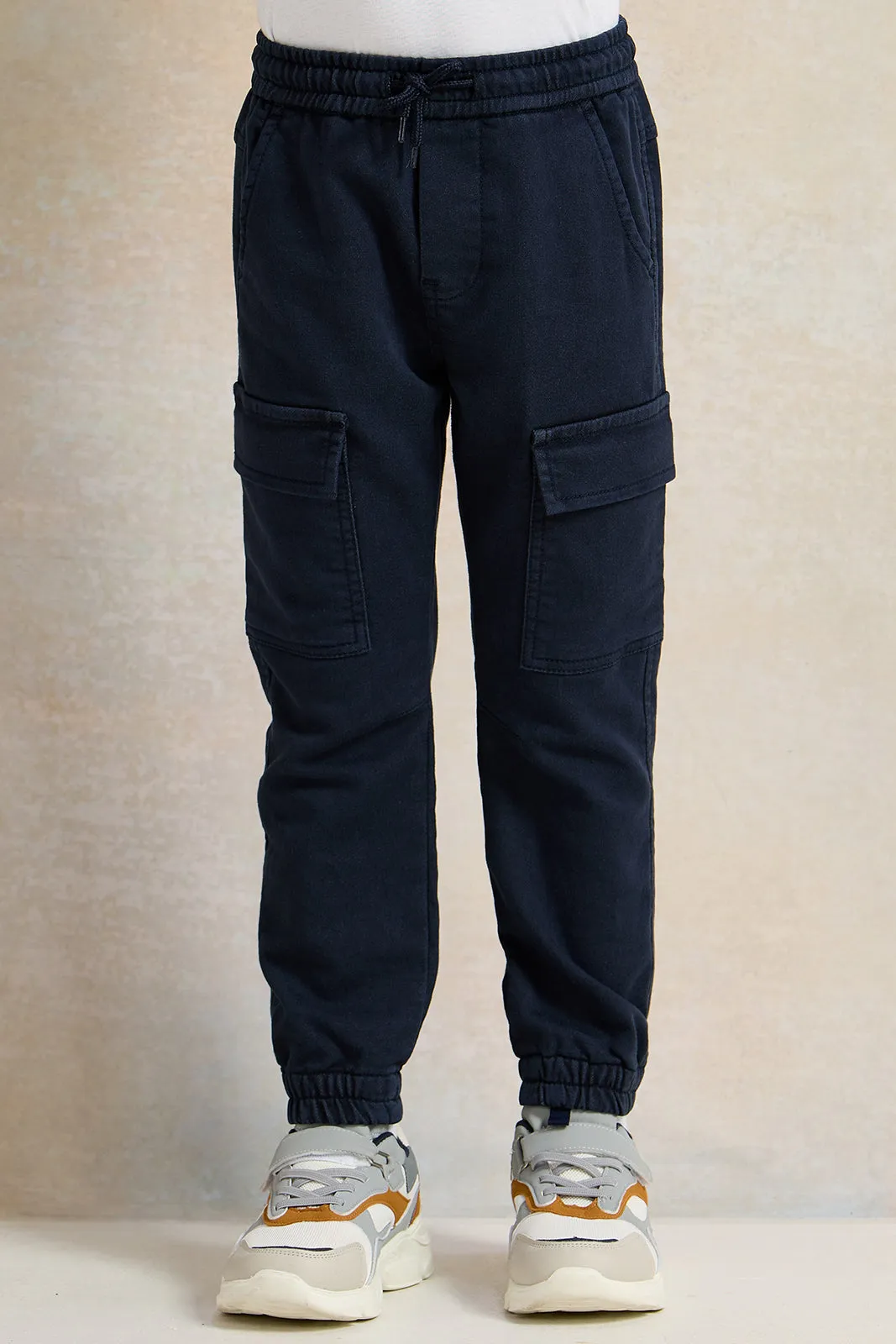 Boys Navy Knitted Denim Cargo Pocket Jogger