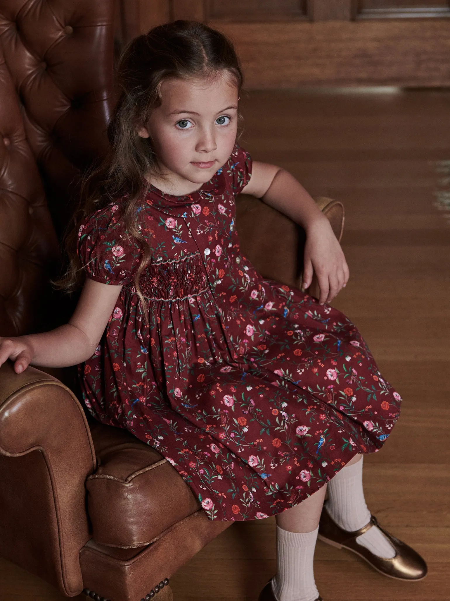 Burgundy Floral Arcadia Girl Hand-Smocked Dress