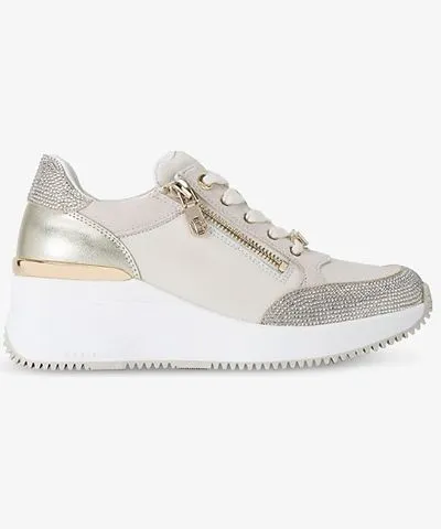 Carvela Womens Gold Comb Skyline crystal-embellished wedge leather low-top trainers