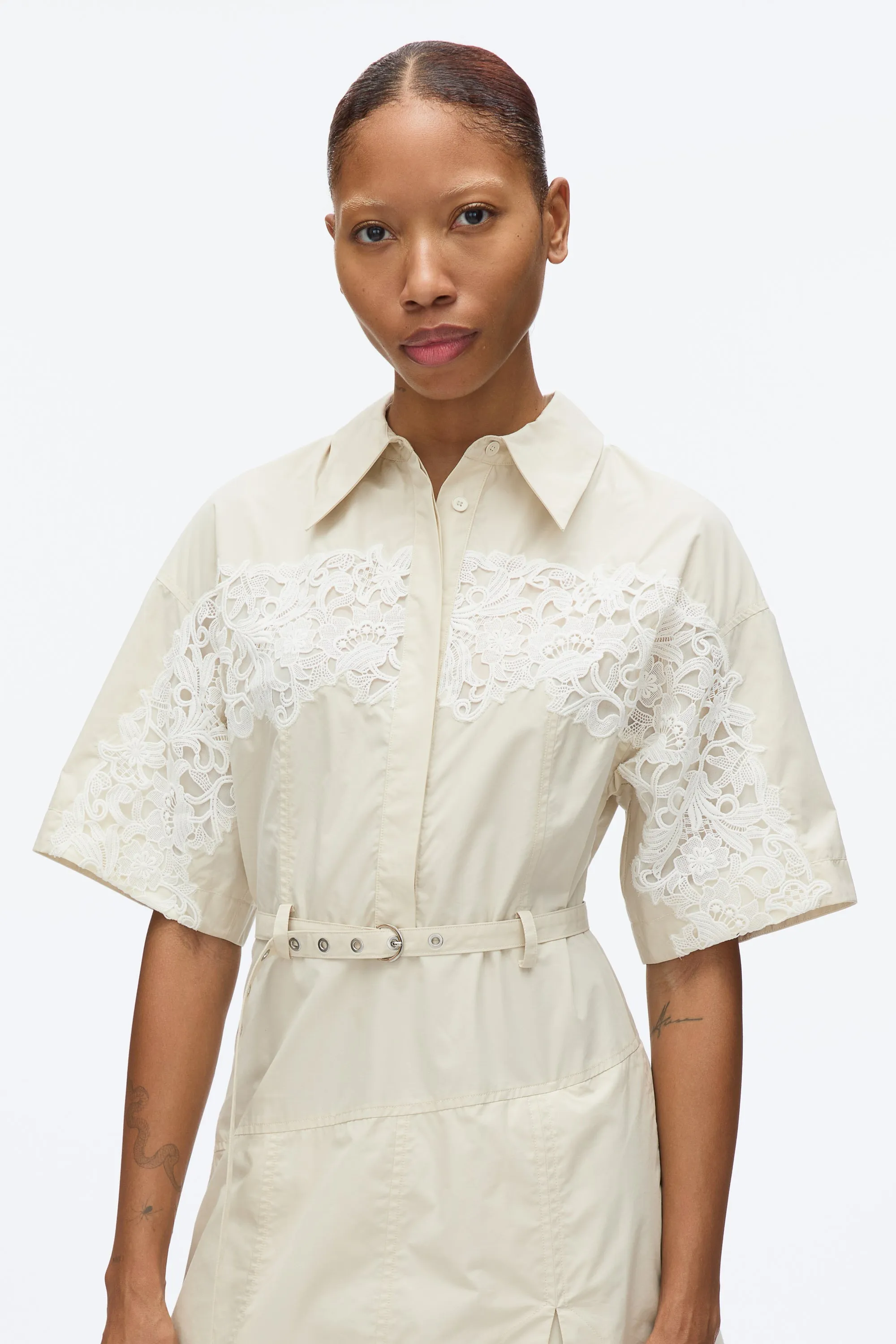 Cascade Hem Shirt Dress with Lace