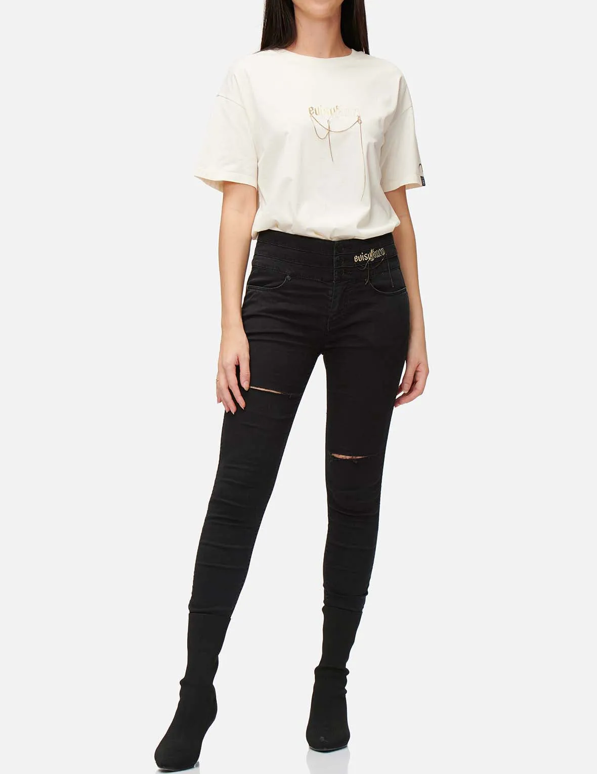 Chain and Logo Embroidered Skinny Jeans