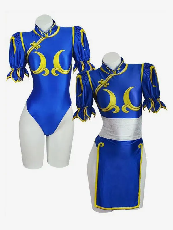 Chunli Cosplay Costume Blue CheongSam Dress With Headpieces For Women Street Fighter Halloween