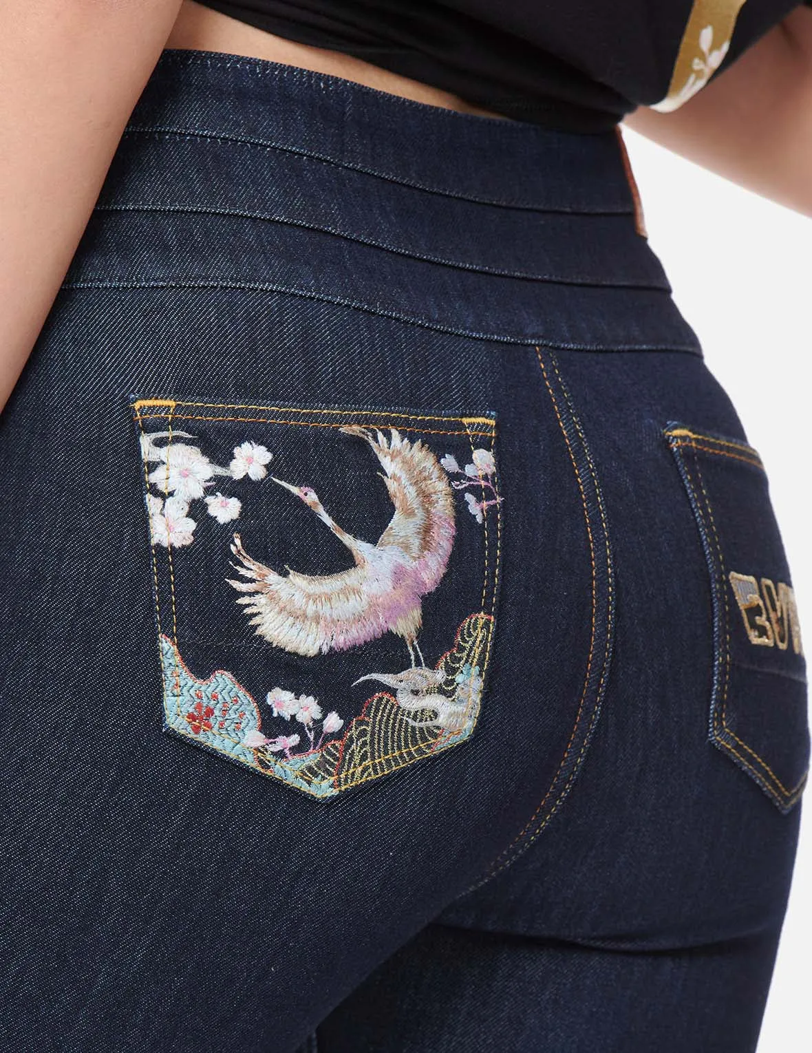 Crane Embroidery and Logo Appliqué Skinny Jeans