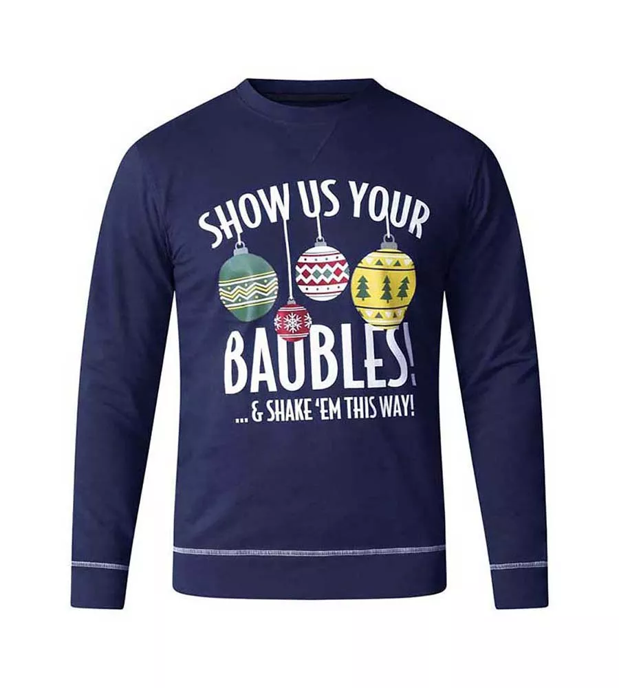 D555 Tall Mens Baubles Christmas Sweatshirt (BAUBLES NAVY)