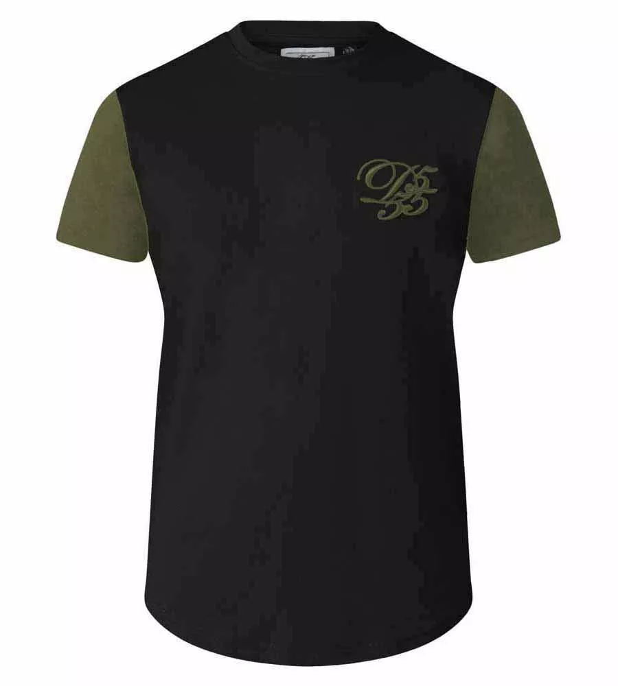 D555 Tall Mens Couture T-Shirt With Curved Hem, Contrast Sleeves And Chest Embroidery (DEMARCUS BLACK)