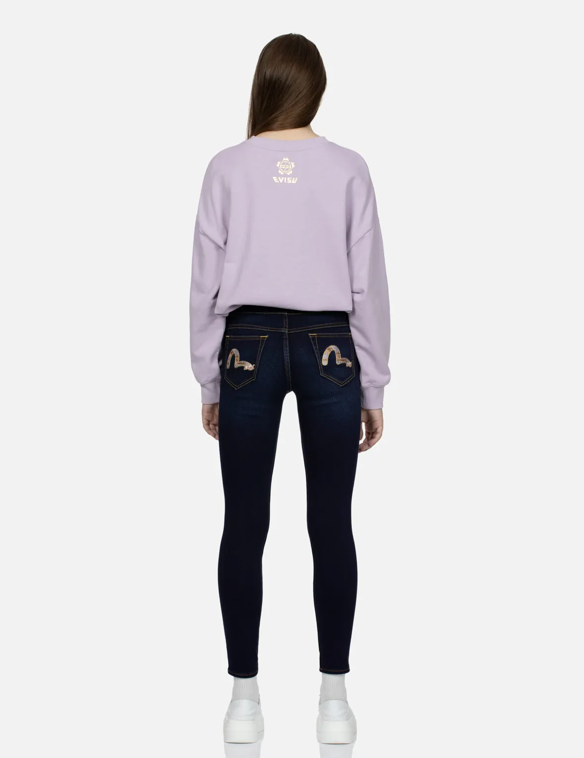 Floral-Pattern Seagull  Embroidery High-Waist Skinny Jeans