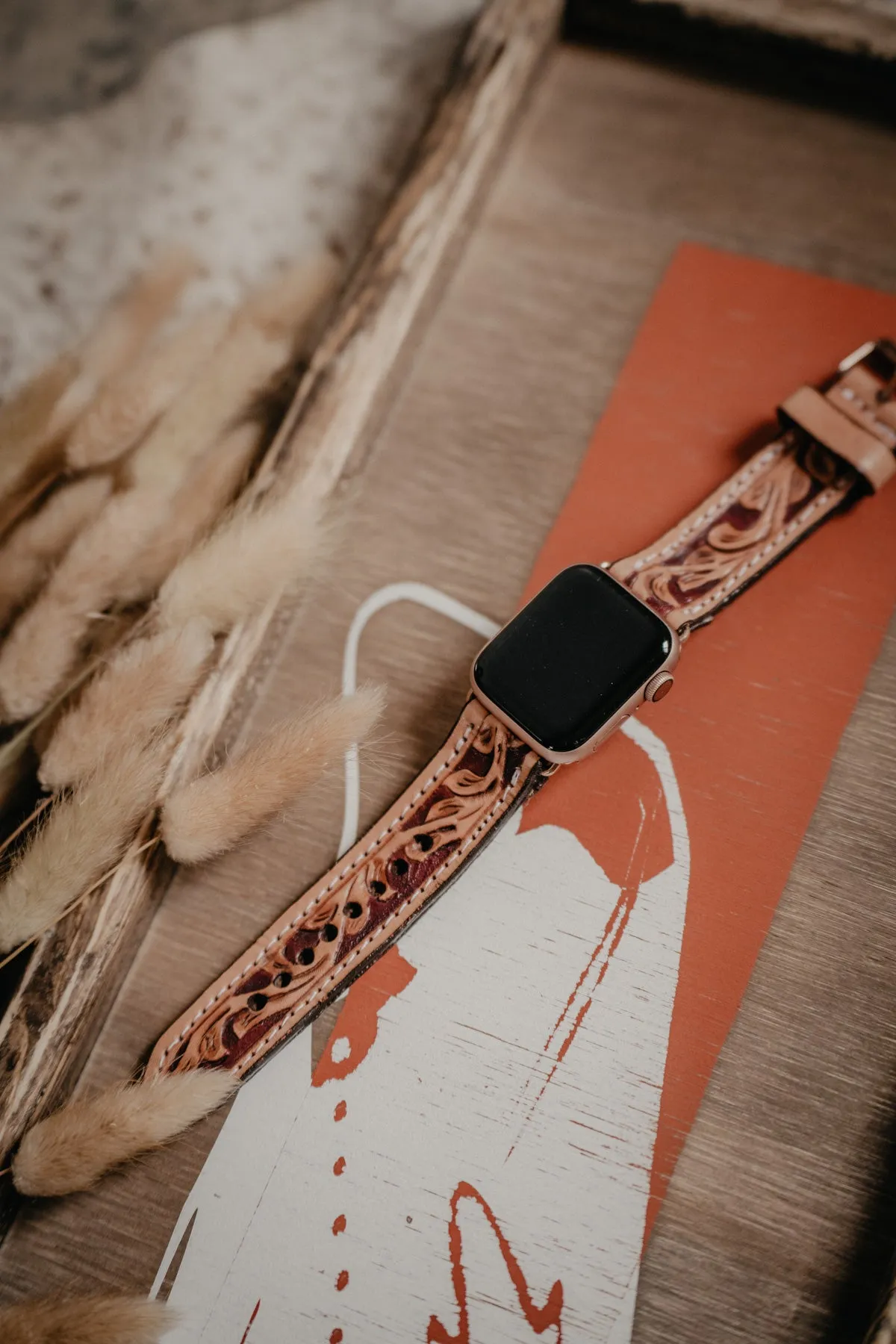 Floral Tooled with Rose Gold Hardware Apple Watch Band by Double J Saddlery