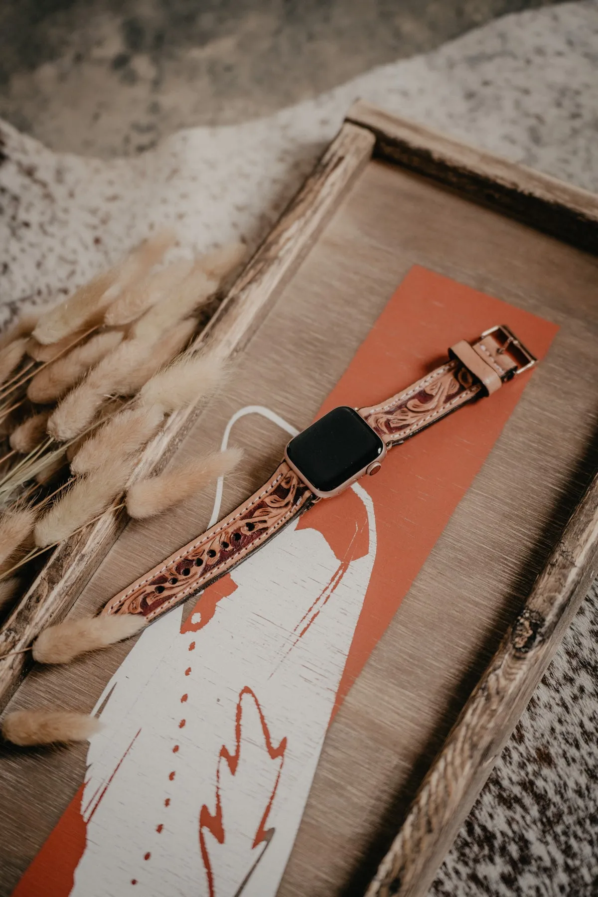 Floral Tooled with Rose Gold Hardware Apple Watch Band by Double J Saddlery