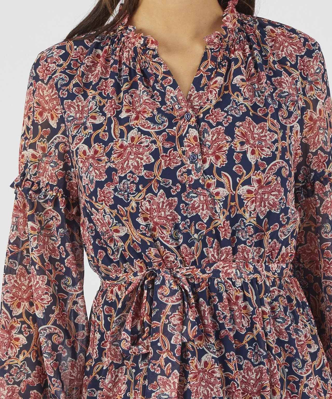 Frill Neck Long Sleeved Print Dress