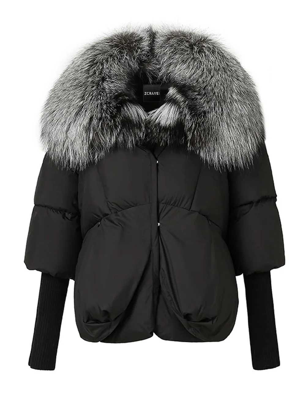 Fur Trim Puffer Jacket in Black & Gray