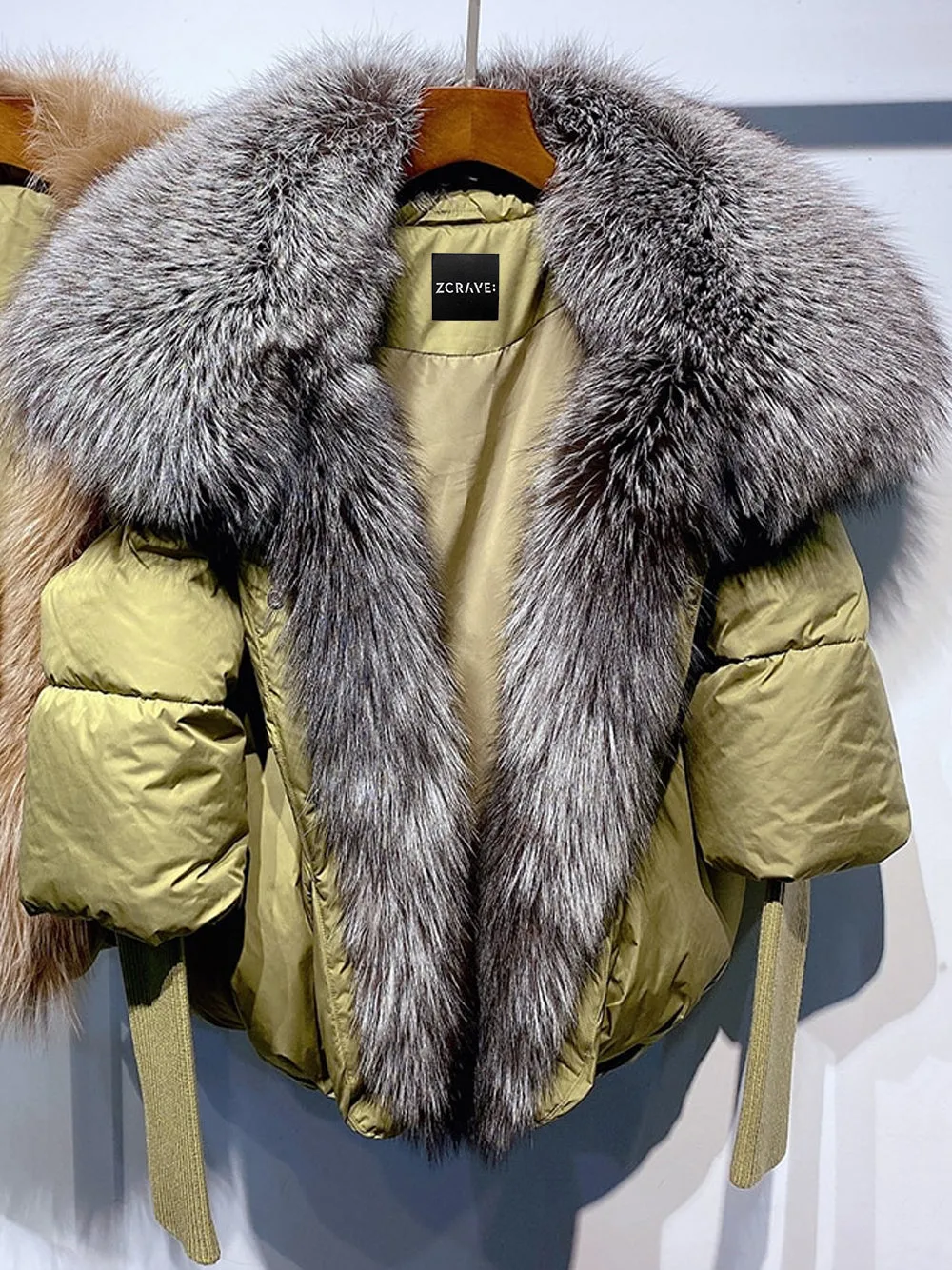 Fur Trim Puffer Jacket in Khaki & Gray