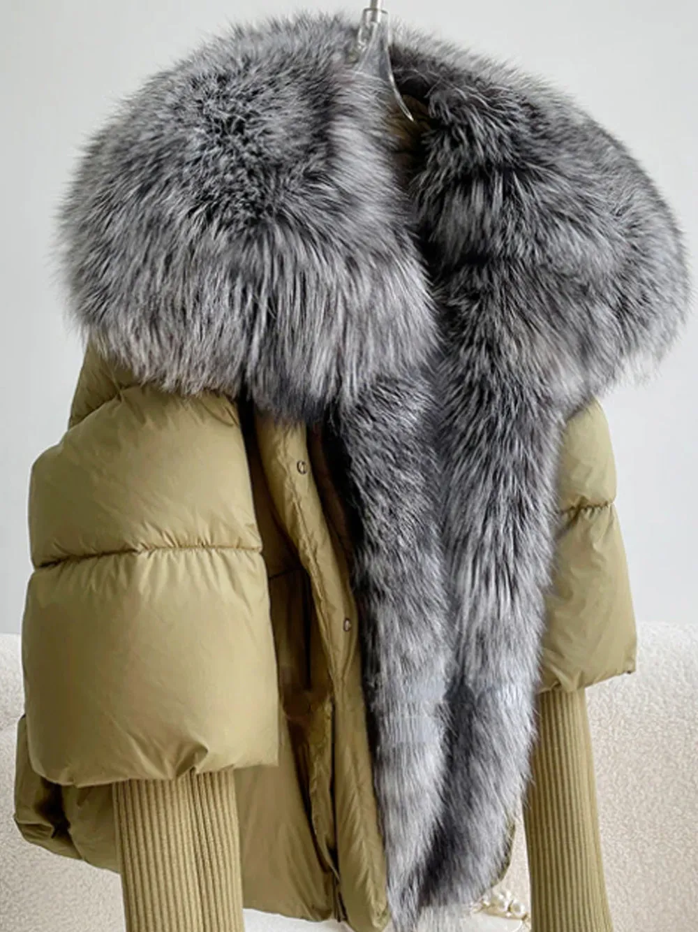 Fur Trim Puffer Jacket in Khaki & Gray