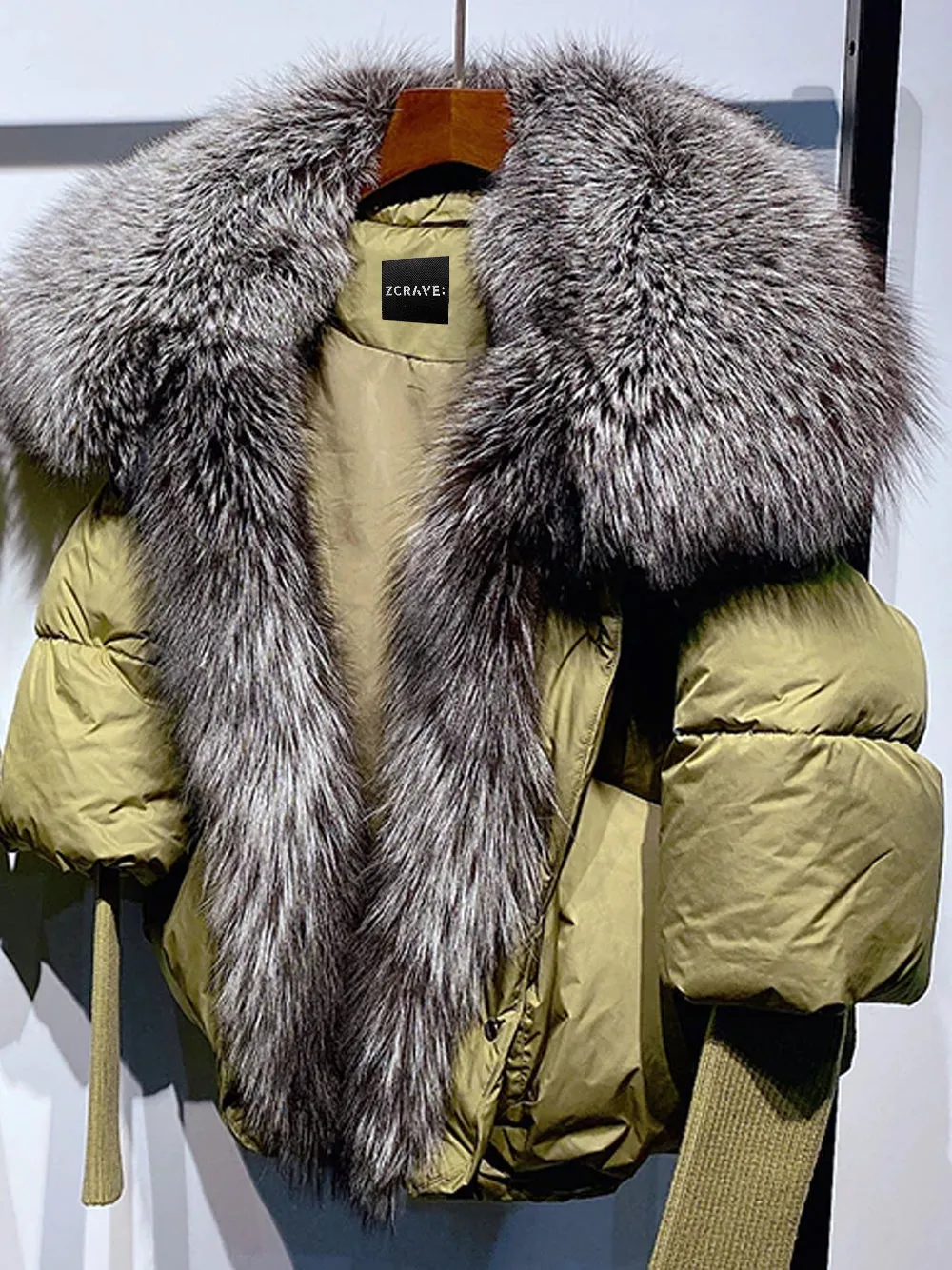 Fur Trim Puffer Jacket in Khaki & Gray