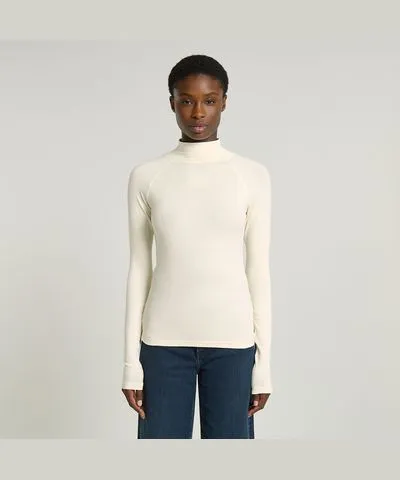 G-Star RAW Women Logo Slim Rib Mock Top Beige Size M