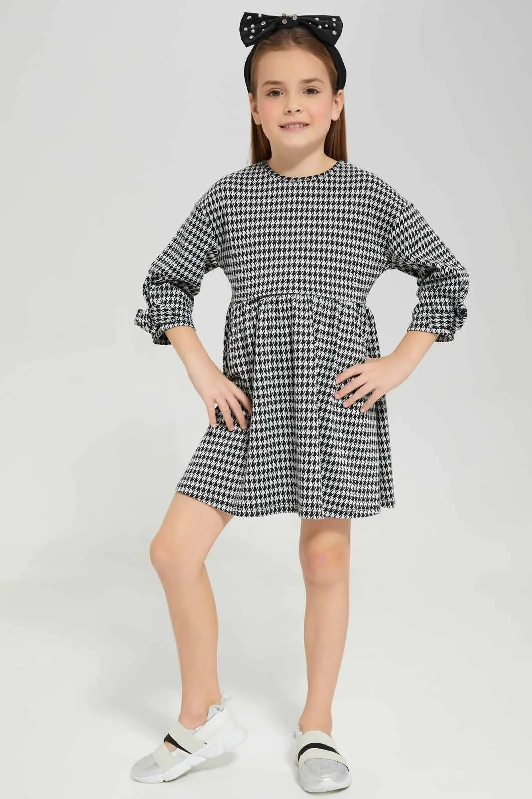 Girls Black And White Houndstooth Dress