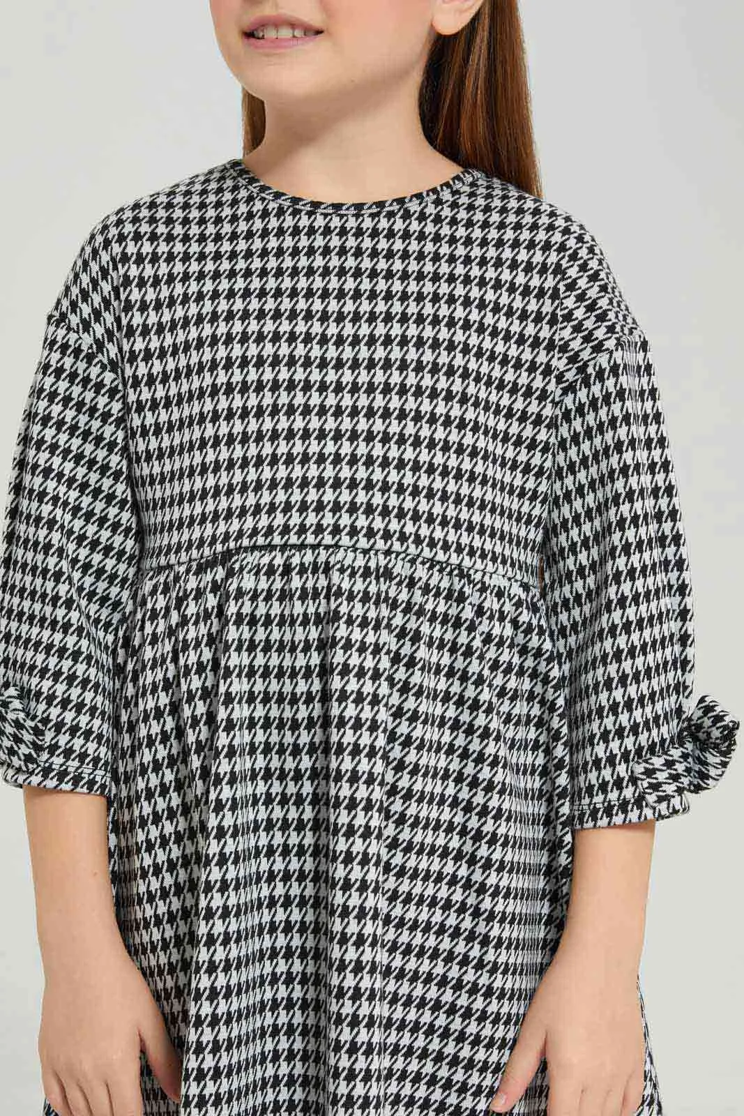 Girls Black And White Houndstooth Dress