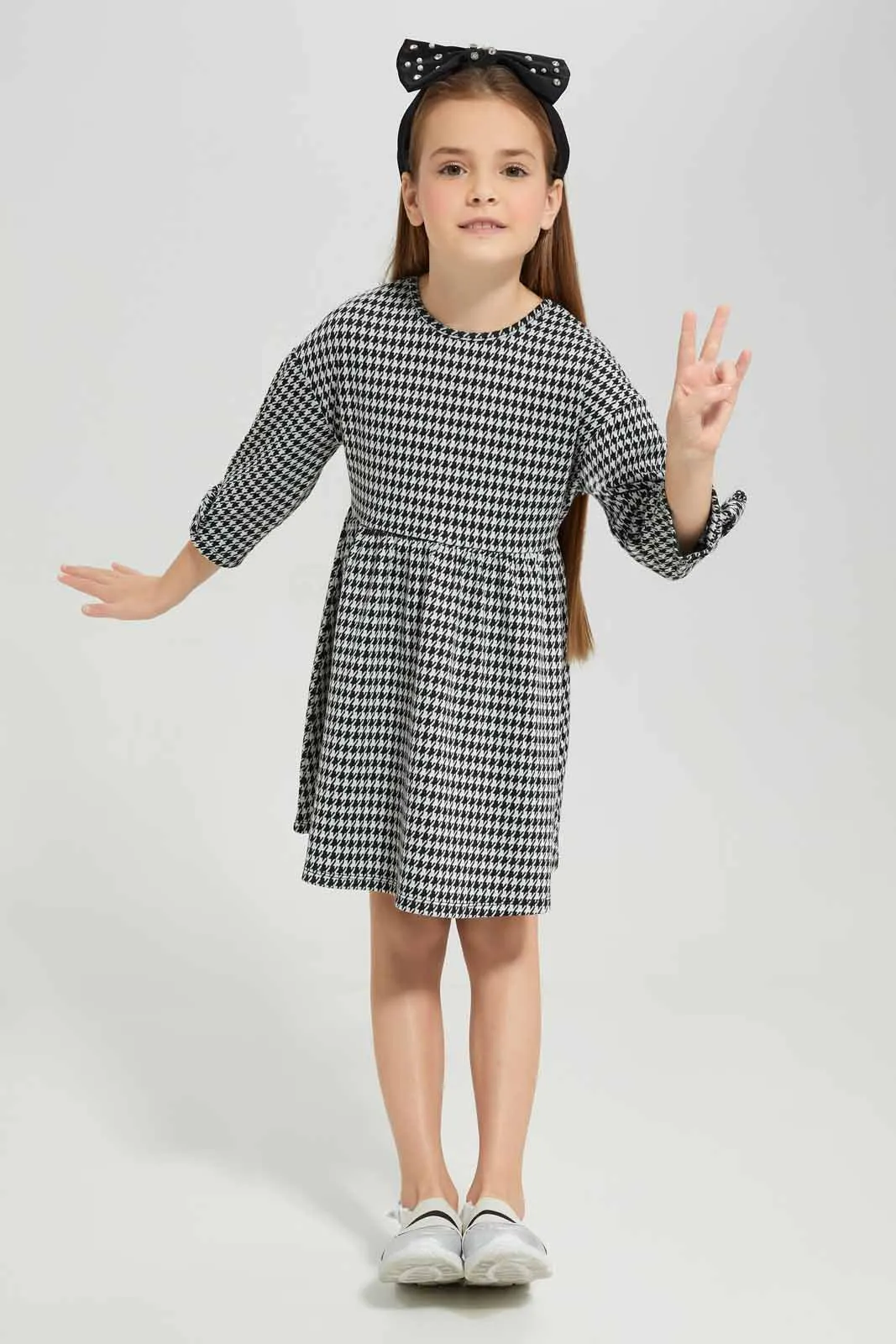 Girls Black And White Houndstooth Dress