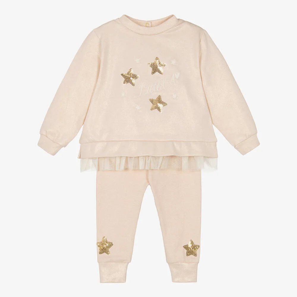 Girls Gold Cotton Jersey Star Tracksuit