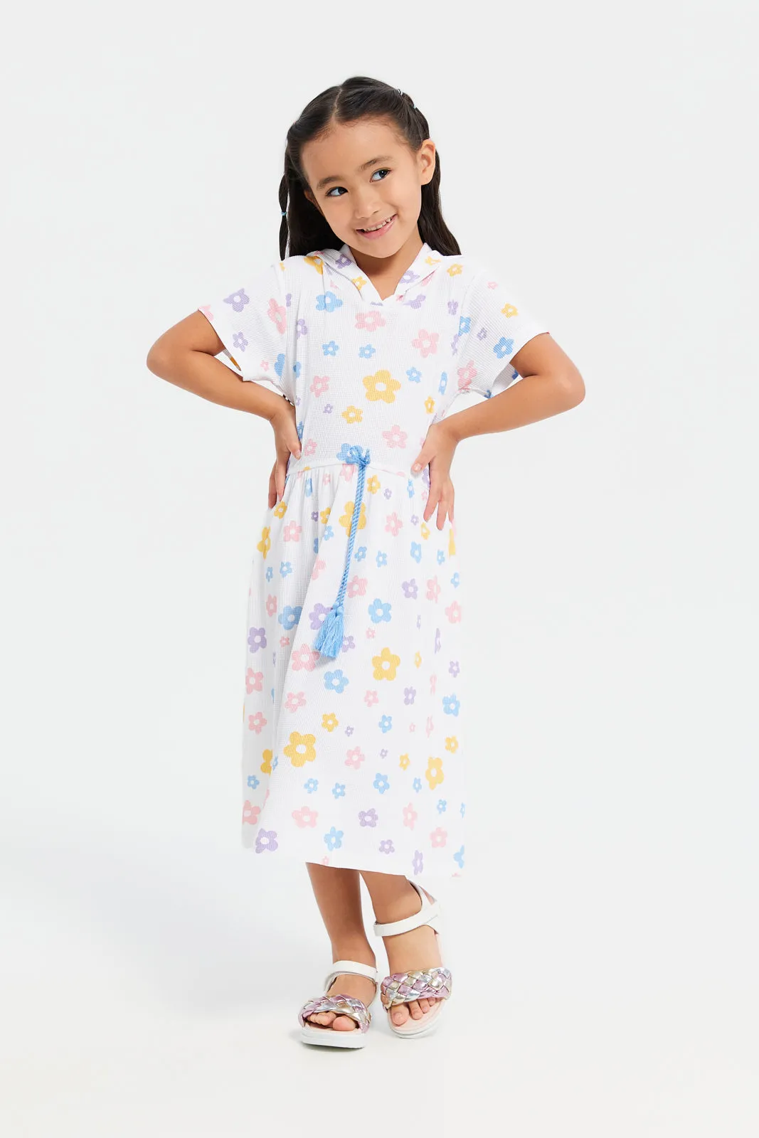 Girls White Floral Print Hooded Dress