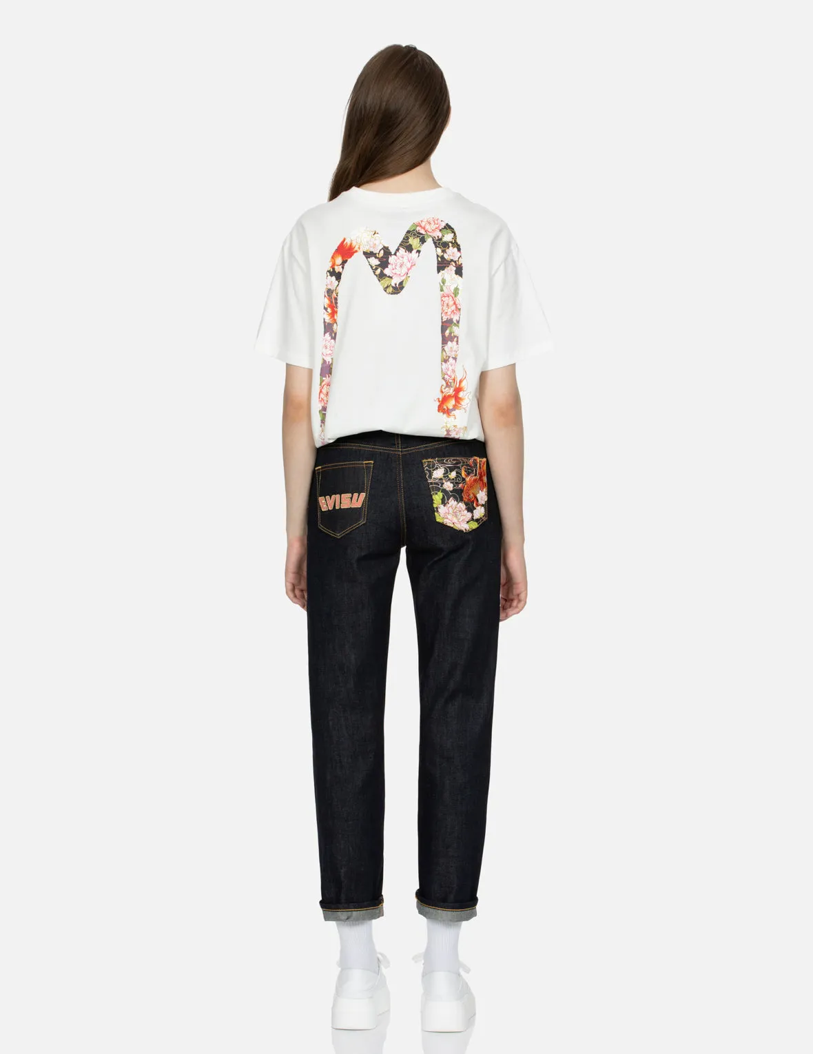 Goldfish and Floral Flow Embroidery Straight Fit Denim Jeans