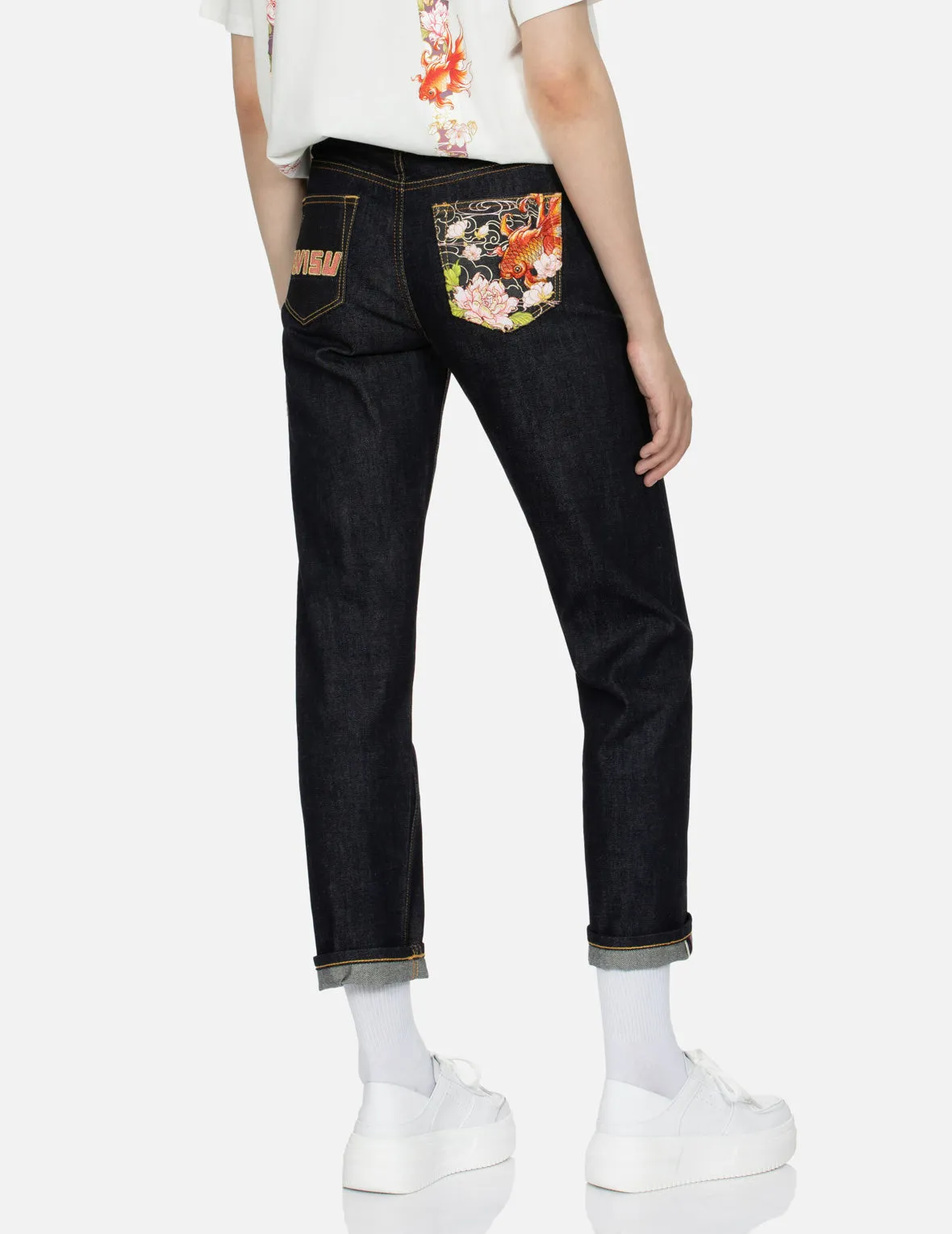 Goldfish and Floral Flow Embroidery Straight Fit Denim Jeans