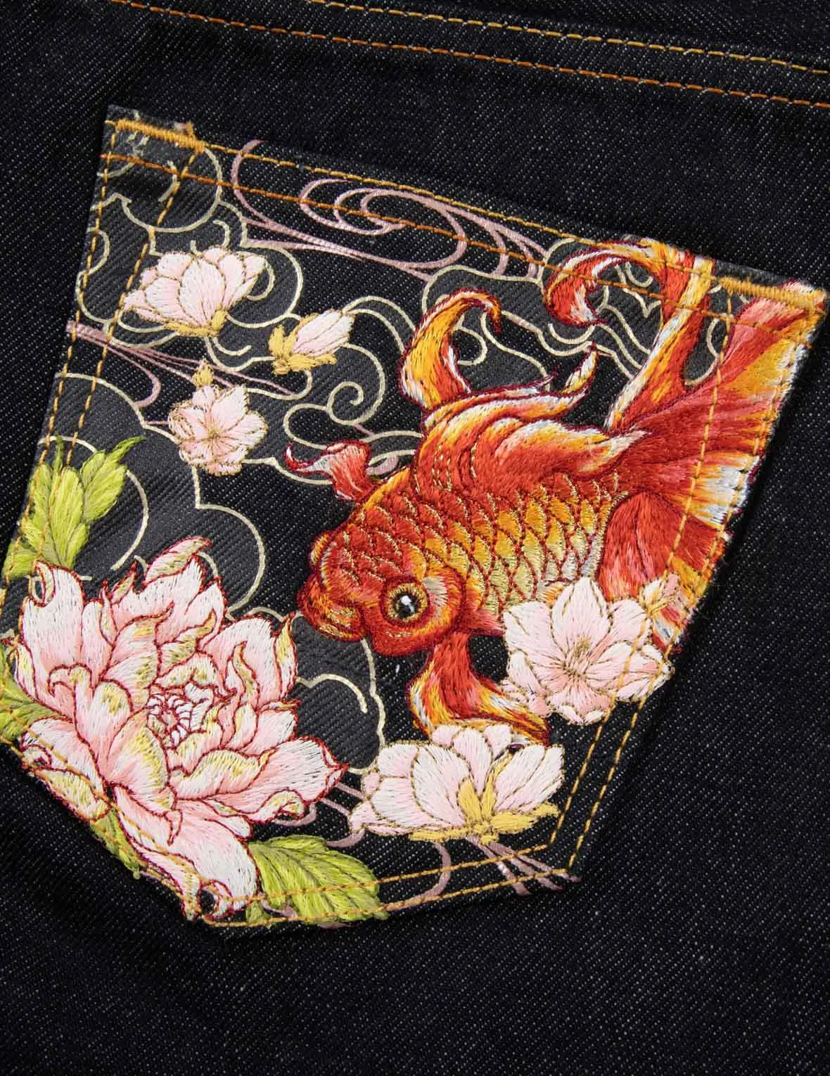 Goldfish and Floral Flow Embroidery Straight Fit Denim Jeans