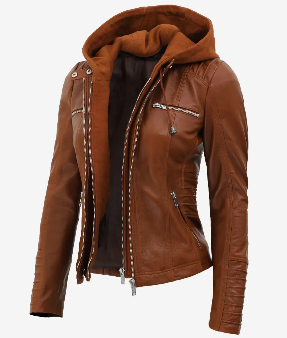 Helen Womens Cognac Leather Jacket with Removable Hood