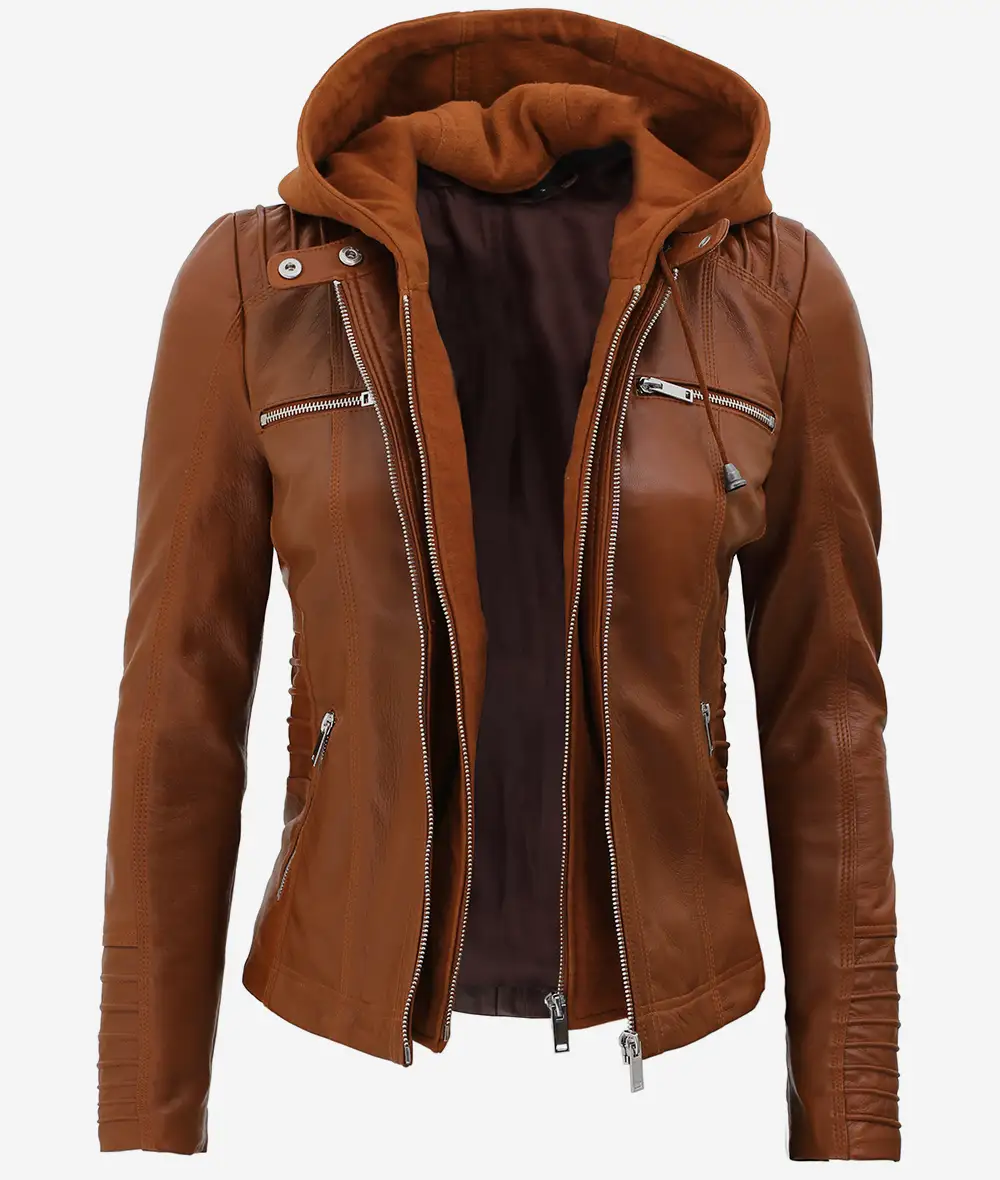 Helen Womens Cognac Leather Jacket with Removable Hood