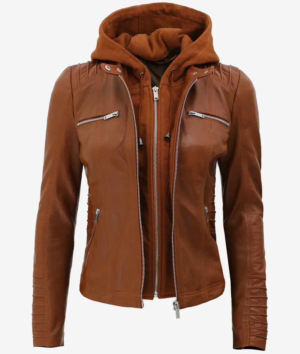 Helen Womens Cognac Leather Jacket with Removable Hood