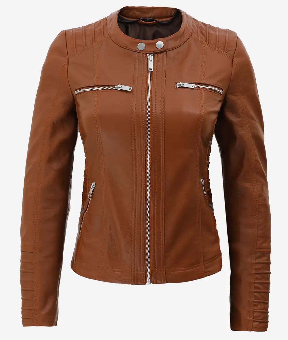 Helen Womens Cognac Leather Jacket with Removable Hood