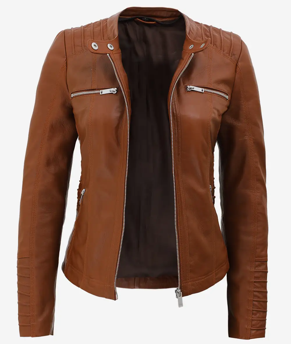 Helen Womens Cognac Leather Jacket with Removable Hood