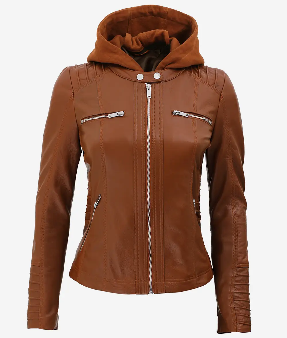 Helen Womens Cognac Leather Jacket with Removable Hood