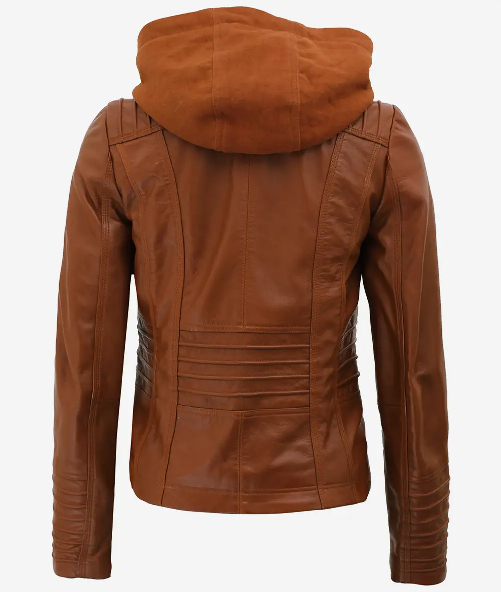 Helen Womens Cognac Leather Jacket with Removable Hood