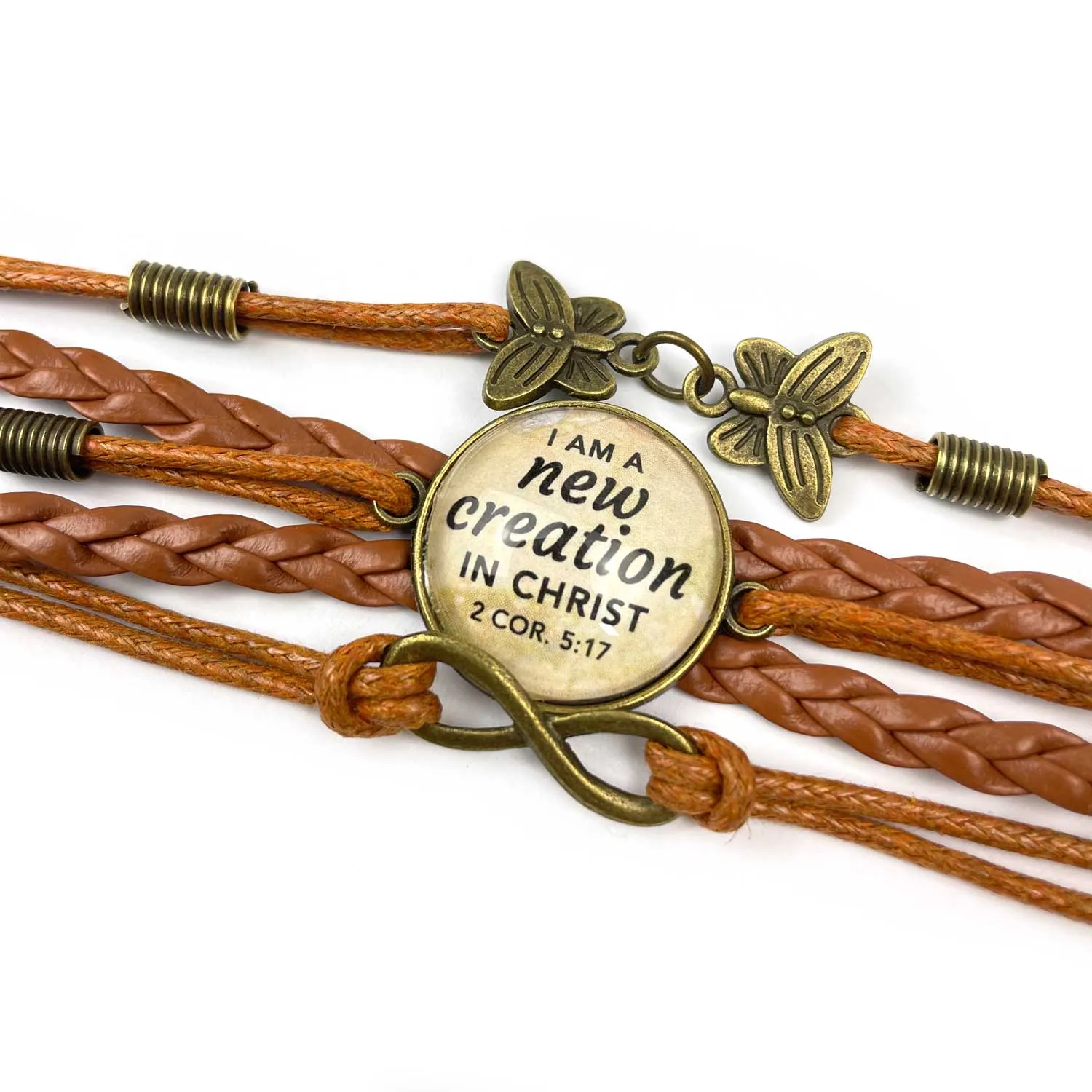 I Am a New Creation in Christ – Multi-Strand Leather Bracelet with Butterflies, 2 Corinthians 5:17 Scripture Bracelet – Christia