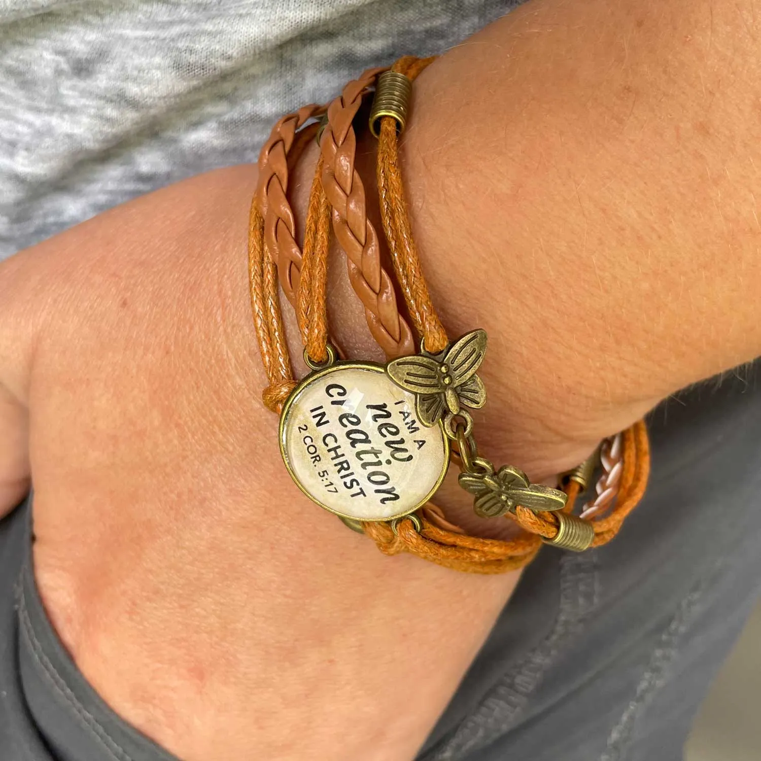 I Am a New Creation in Christ – Multi-Strand Leather Bracelet with Butterflies, 2 Corinthians 5:17 Scripture Bracelet – Christia