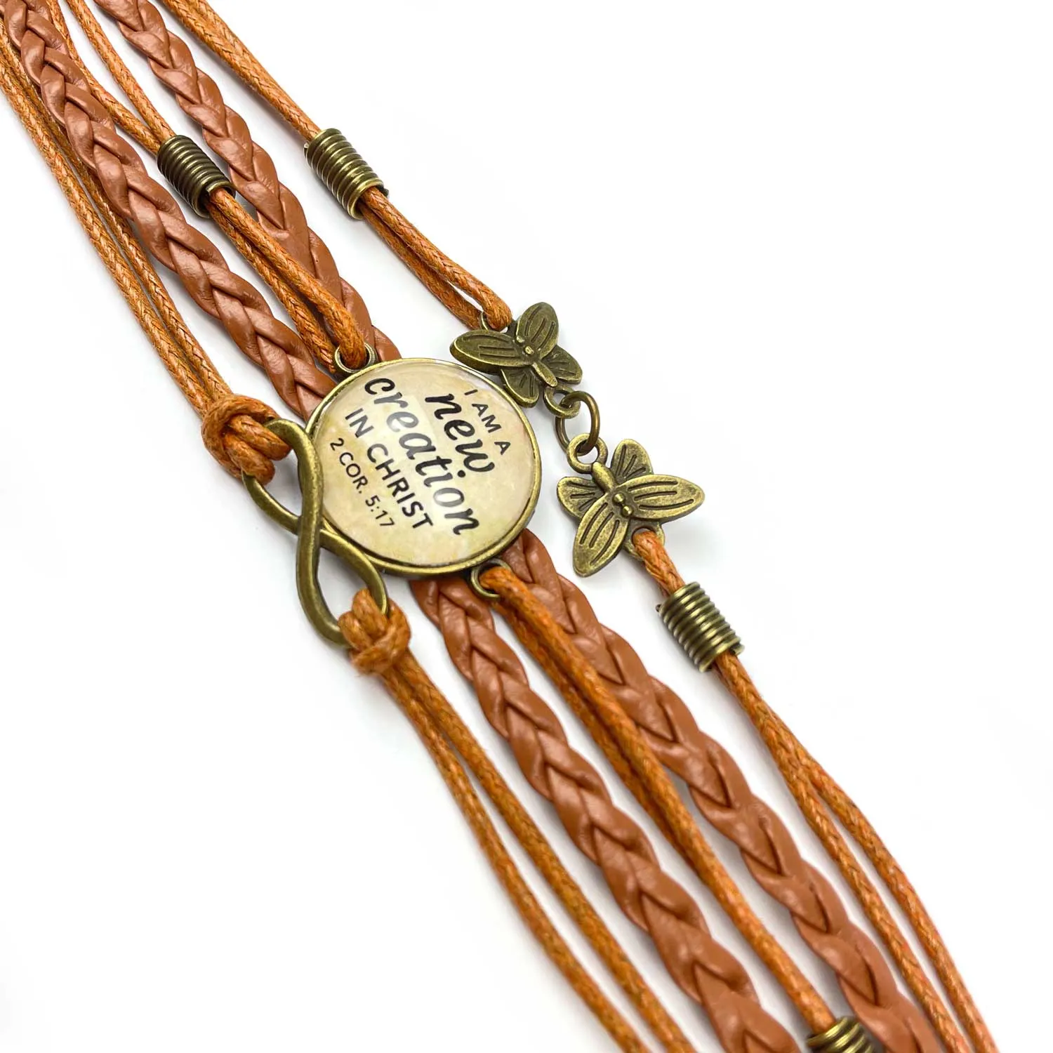 I Am a New Creation in Christ – Multi-Strand Leather Bracelet with Butterflies, 2 Corinthians 5:17 Scripture Bracelet – Christia