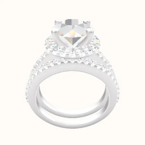 Illusion Set Shank Engagement Ring With V Prong Halo Head and Matching Band