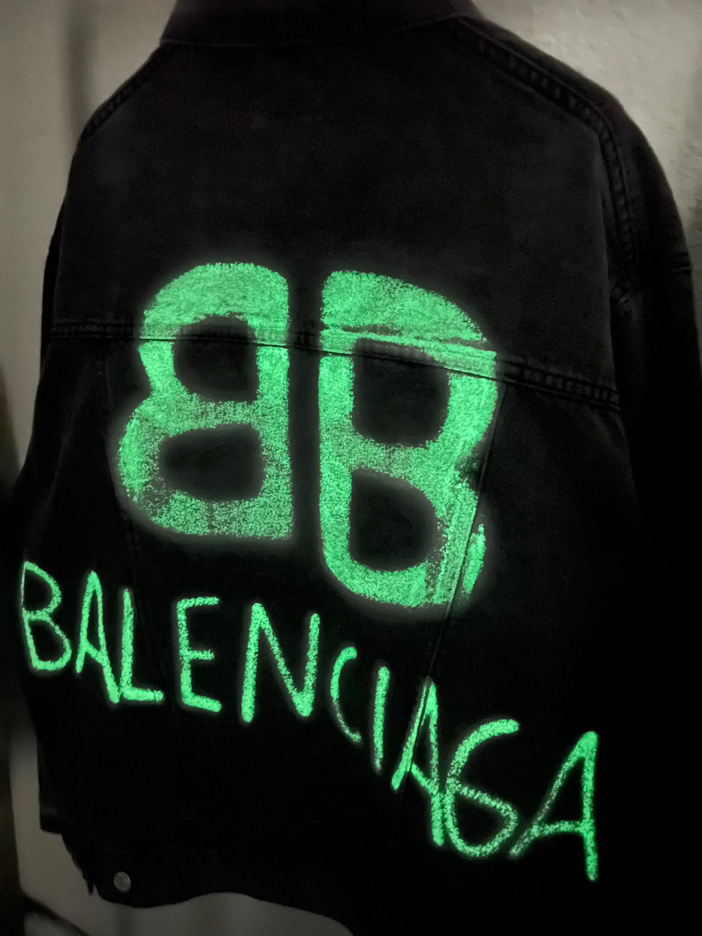 Jeans Jacket Black & White Graffiti Back Logo Glow In The Dark