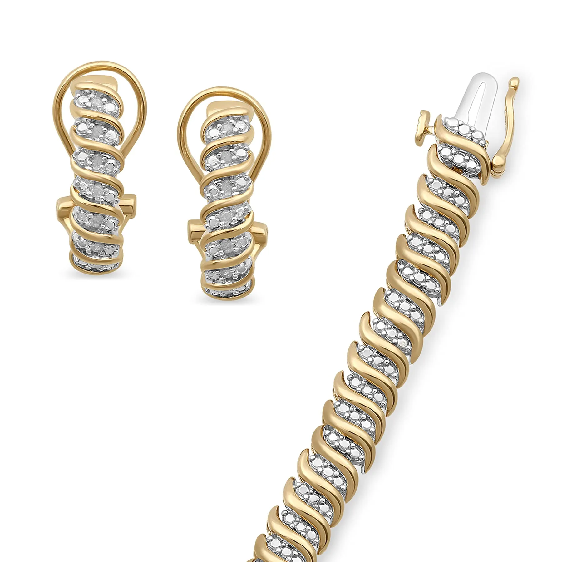 Jewelili 14K Yellow Gold Over Brass 1/3 CTTW Natural Round White Diamonds Earrings and Bracelet Box Set