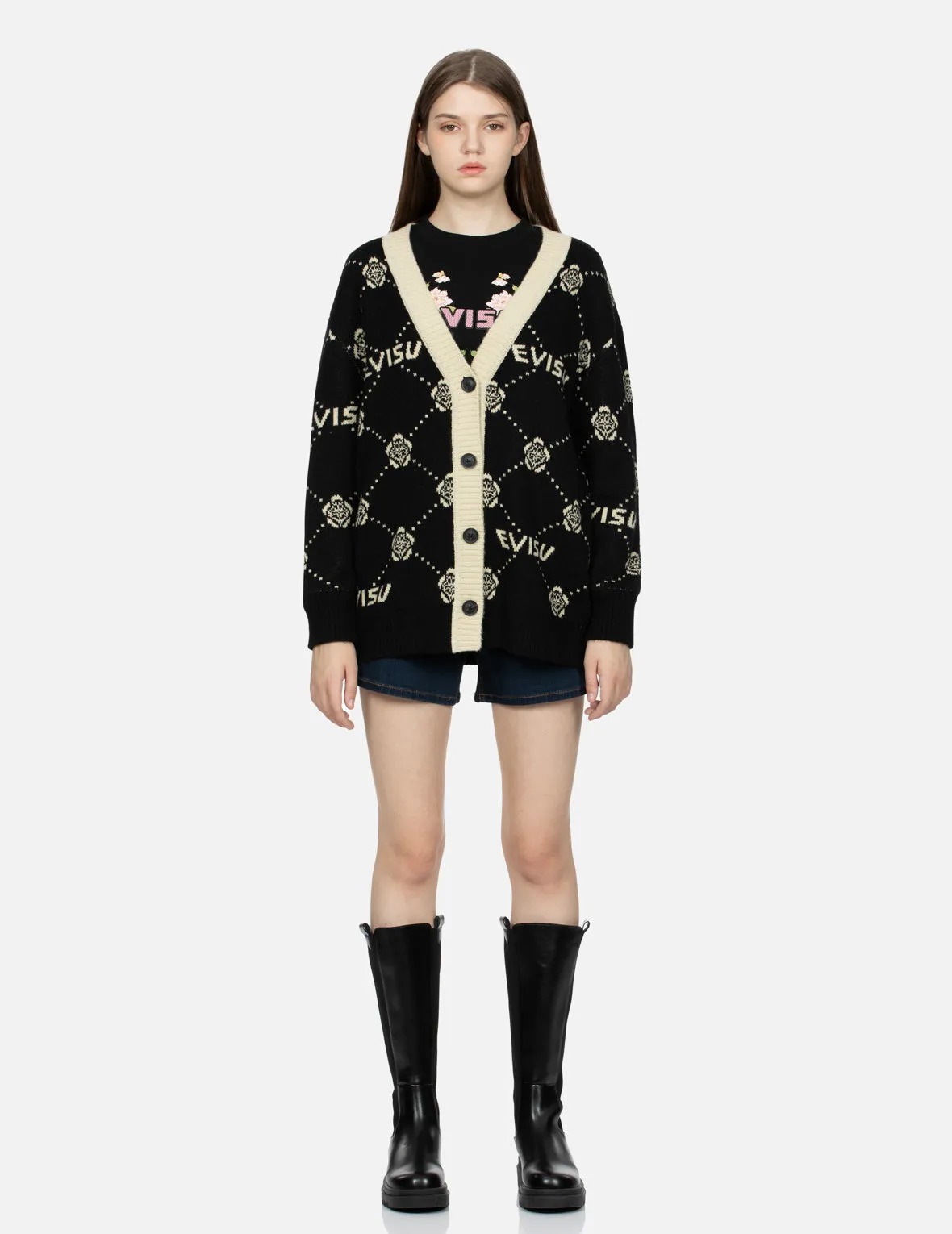 Kamon and Logo Jacquard Loose Fit Cardigan