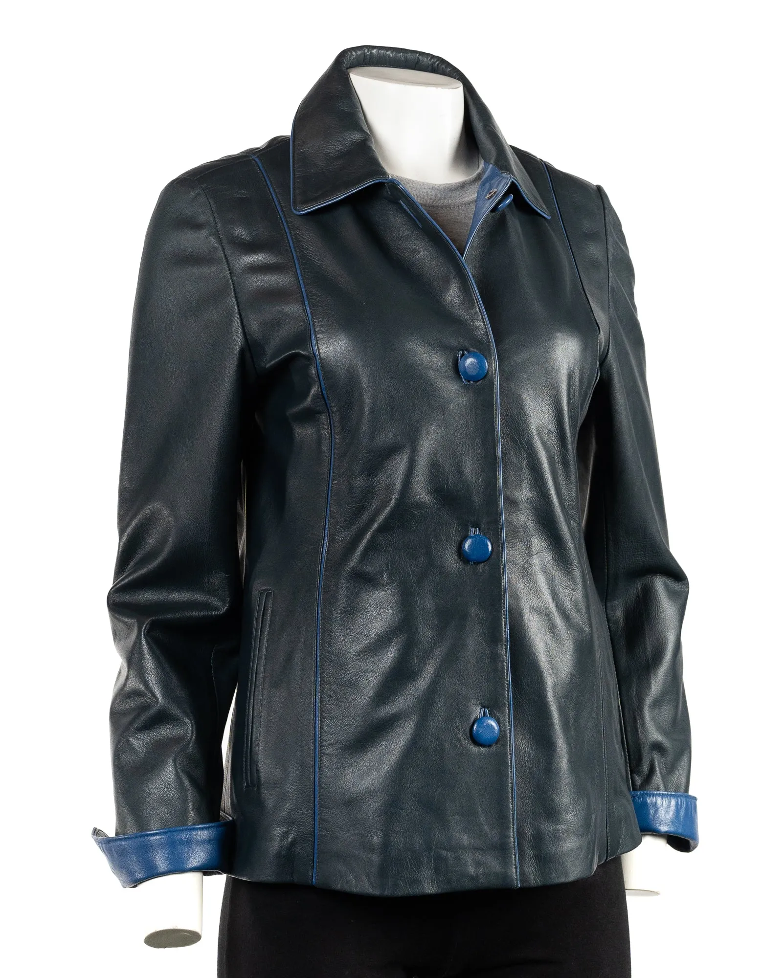 Ladies Navy Contrast Buttoned Leather Jacket: Cassandra