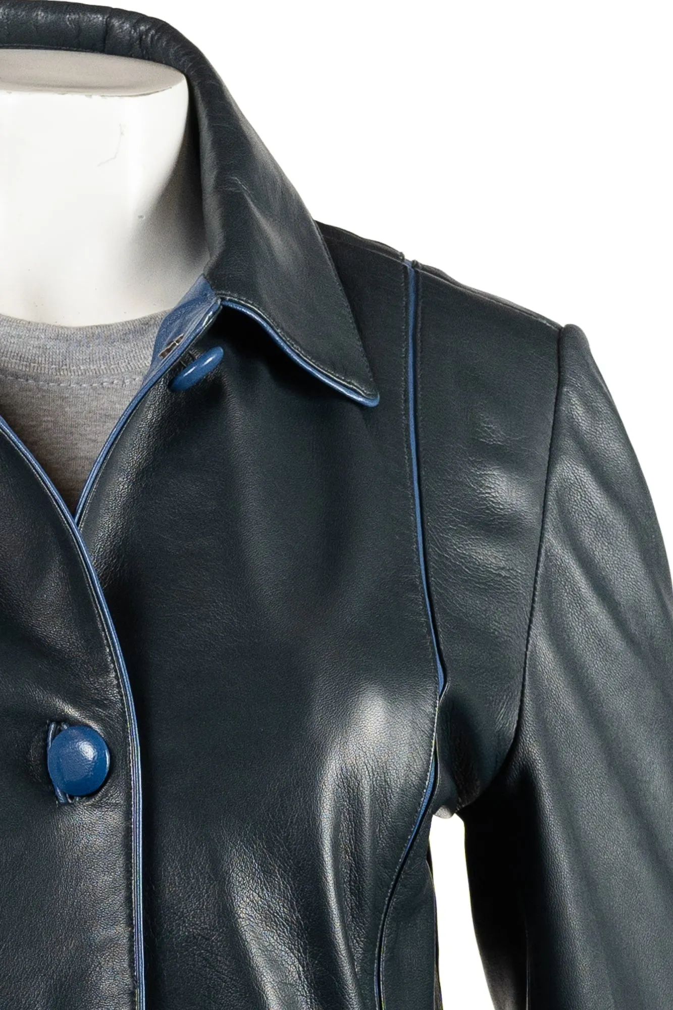 Ladies Navy Contrast Buttoned Leather Jacket: Cassandra